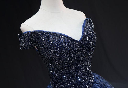 Gothic Navy Blue Off-Shoulder Ball Gown Wedding Dress - Sequin Wedding Dress - Strapless Glitter Dress Plus Size